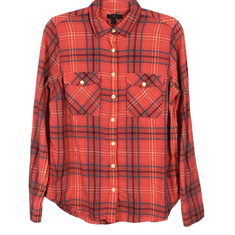 J CREW Boy Fit Shirt Red Scotch Tartan Plaid Button Up Down Top Western sz 8